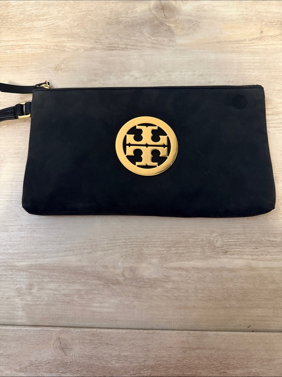 Tory Burch Handbags - Tory Burch Black Suede Clutch with Gold Logo Medallion